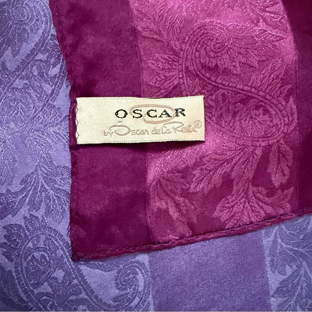 OSCAR DE LA RENTA SCARF PURPLE GRAY PINK SCROLL FLORAL STRIPE SILK LARGE SQUARE